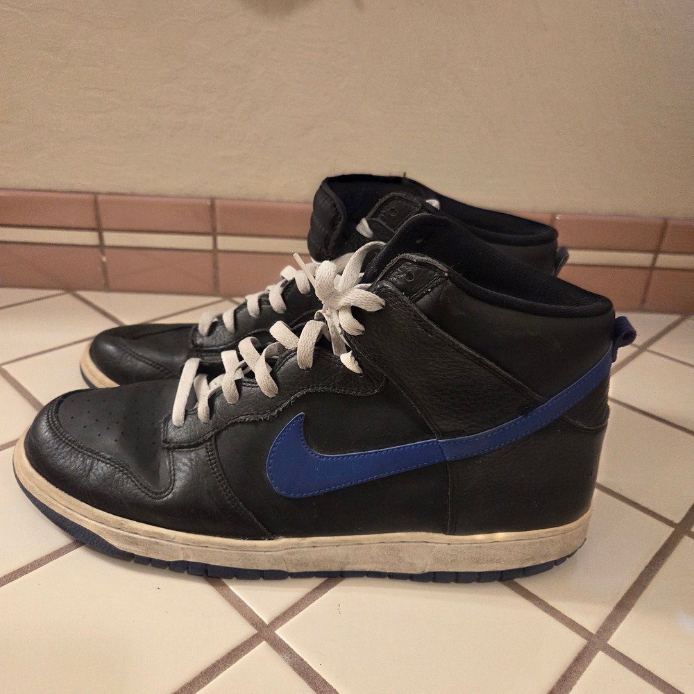 Nike Dunk High Black Hyper Cobalt Blue Leather Sneakers 317982-041 Mens Size 14